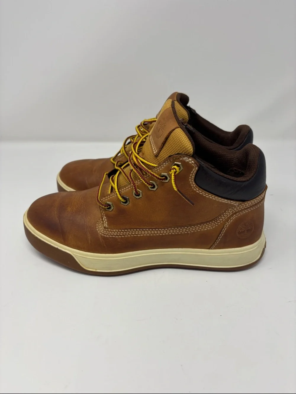 Timberland Brown Leather Chukka Boots with Cream Midsole and Yellow Laces 7